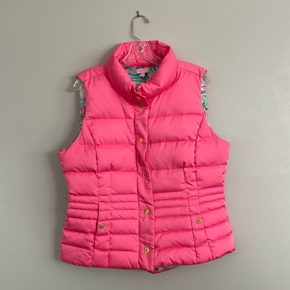 Lilly Pulitzer bright pink puffer down vest